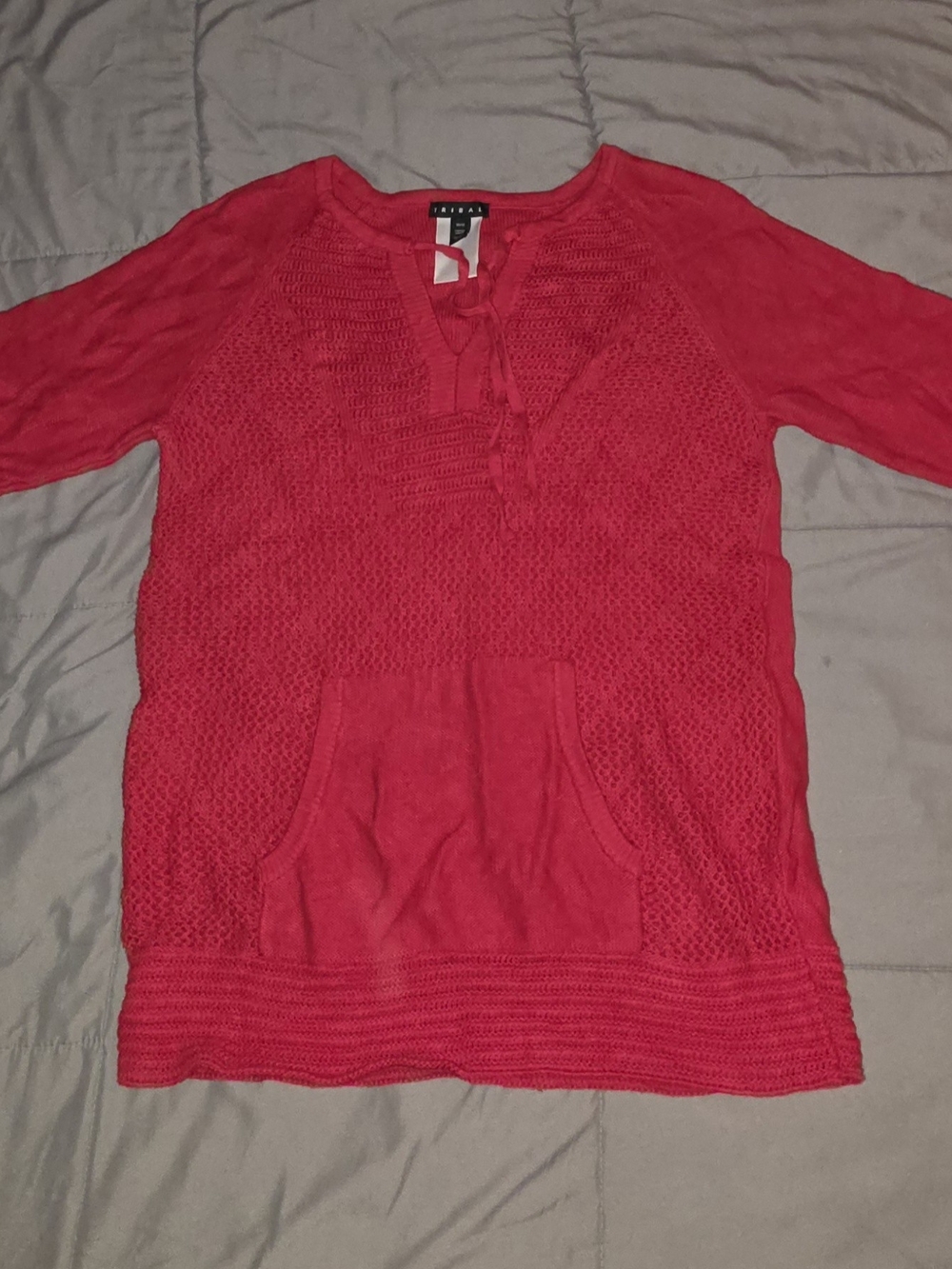 Tribal Pink Red Knit Pullover with Front Pocket